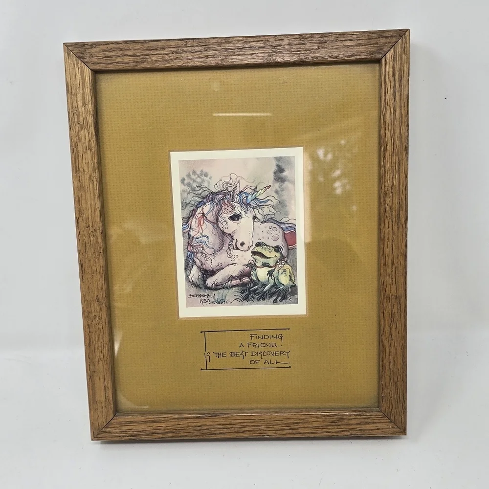Vintage 1980 Jody Bergsma unicorn wood framed art print signed wall decor horse.